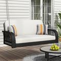 PE Wicker Porch Swing Loveseat 2-Seater Hanging Bench With Chains and Movable Cushions 2-Person Swing Chair Patio Swing Bench For Backyard Garden Poolside Black And Beige