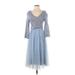 Maeve Casual Dress - Midi V-Neck 3/4 sleeves: Blue Dresses - Women's Size X-Small