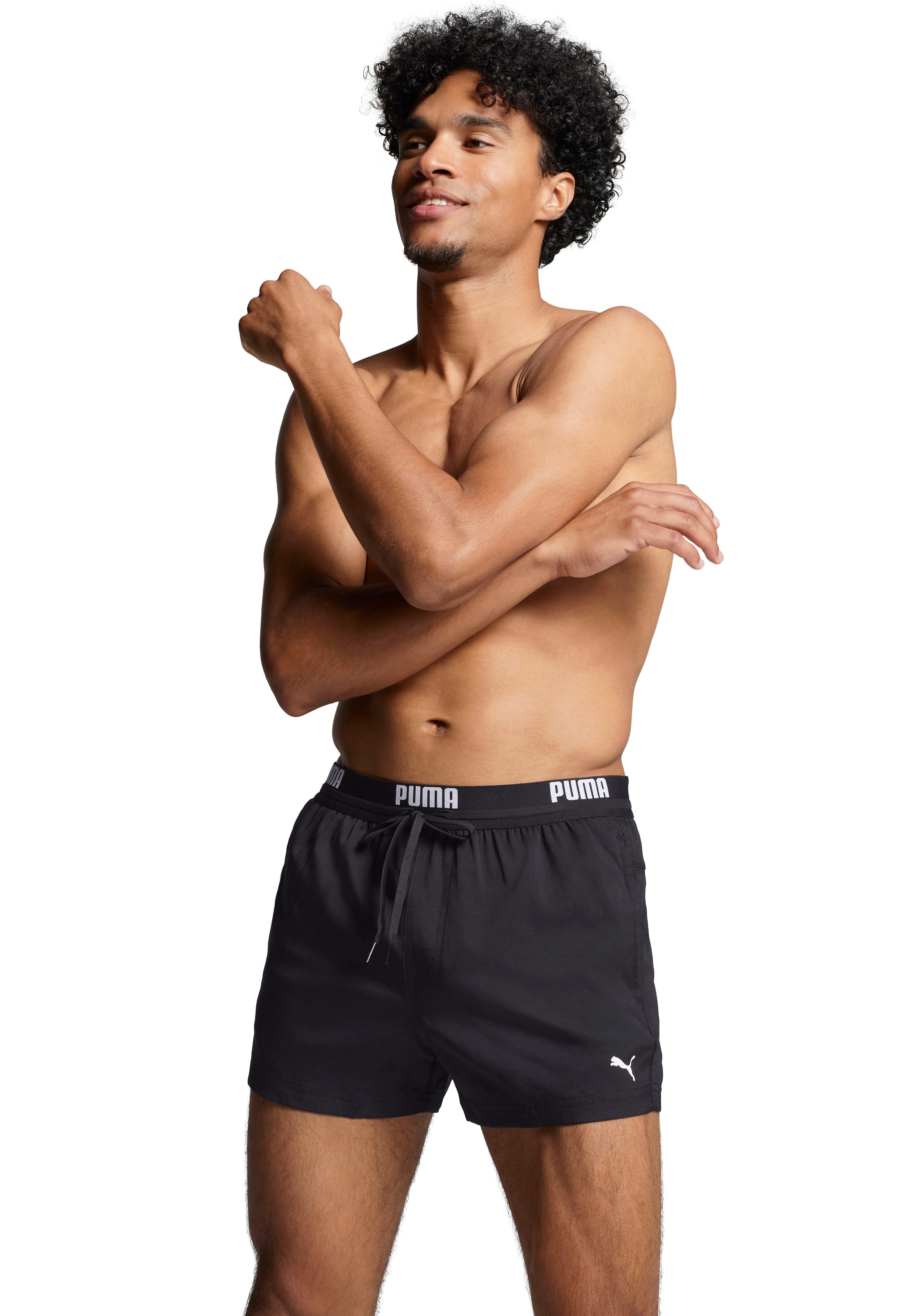 Badeshorts PUMA "PUMA SWIM MEN LOGO SHORT LENGTH SWIM SHORTS", Herren, Gr. XS, N-Gr, schwarz, Web, Obermaterial: 100% Polyester, unifarben, Badehosen, Seitentaschen, Gesäßtasche mit Reißverschluss, Kordelzug Image