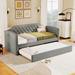 Grey Twin Size Upholstered Daybed with Trundle, Button Tufted Sofa Bed w/Curved Arms & Silver Nailhead Trim, for Small Spaces