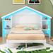 Full Size Platform Bed with House-shaped Storage Headboard, Wooden Bed with Built-in LED, Kid's Bed with Support Legs, White