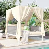 White Metal Woven Rope Outdoor Day Bed with Gray Cushions and Beige Canopy for Shade