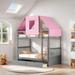 Wooden Twin over Twin Bunk Bed with Tent and Drawers, Grey+Pink