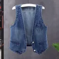 Ladies Denim Vest Sleeveless Loose V Neck Coat Vintage Firm Stitching Jacket Hip Hop Streetwear Lady