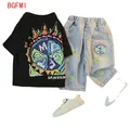 Teenager Baby Boys Clothing Set Summer Children Kid Sport T-shirt + Hole Denim Shorts Suit Toddler