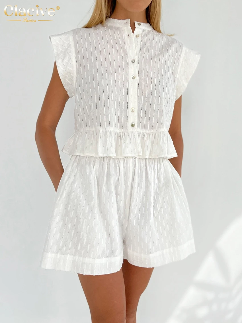 Clacive Casual Ärmellose Tank Top Set Frau 2 Stück Sommer Weiß Hohe Taille Hot Shorts Set Elegante Urlaub Anzüge Mit shorts