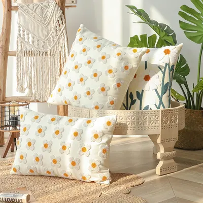 1pc weiß Boho Blumen getuftet dekorative Kissen bezug, botanisch bestickte Baumwolle Kissen bezug Image
