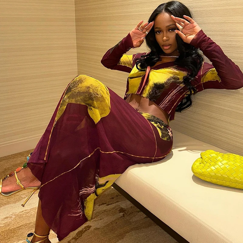 Frauen Sommer Ernte Tops langen Rock Strand Urlaub zweiteilige passende Sets weibliche Langarm und durchsichtige Hemd Outfits Image