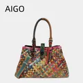 AIGO-Sac à Main Tissé Multicolore de Grande Capacité pour Femme Sacoche à Bandoulière Asymétrique