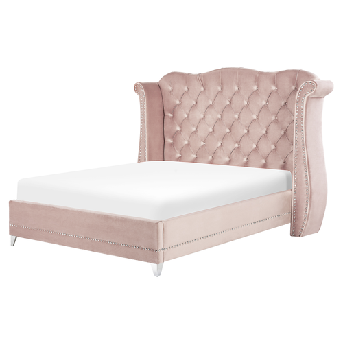 Bett Pastellrosa Samtstoff 180 x 200 cm hohes Kopfteil mit Knopfheftung Nieten Chesterfield Stil Glamour Doppelbett Königsbett Schlafzimmer