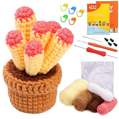 Häkelset für Anfänger mit Schritt-für-Schritt Videoanleitungen Häkelset für Erwachsene Kinder Strickset Gleichartiges Sukkulententopfkaktus-Häkelwolle Materialtasche Weihnachtsgeschenk Image