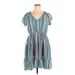 Maison Tara Casual Dress - Mini V-Neck Short sleeves: Teal Print Dresses - Women's Size 14