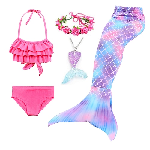 Kinder Mädchen Fünf Stück Meerjungfrau Bademode Bademode Bikini Strand Schwimmen Regenbogen Batik Niedlich Badeanzüge 3-10 Jahre Sommer Hellblau Mehrfarbig Image
