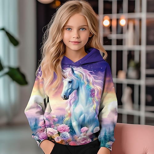 3D-Einhorn-Kapuzenpullover für Mädchen, langärmelig, 3D-Druck, Herbst, Winter, aktiv, modisch, niedlich, Polyester, Kinder 3–12 Jahre, draußen, lässig, täglich, normale Passform Image