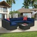 Dopin Patio Furniture Set 7 Pieces Patio Conversation Set Outdoor Sectional Wicker Rattan Sofa with All-Weather Cover Patio Furniture with 2 Pillows Fits Garden Backyard Blue