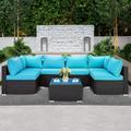 HOME 7-Piece Outdoor Patio Furniture PE Rattan Patio Furniture Set All Weather Sectional Conversation Sets with Cushions Outside Sofa with Tempered Glass Table for Garden (Blue-7PCS)