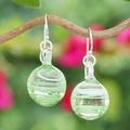 Green Ball,'Handblown Glass Dangle Earrings with Green & White Spirals'