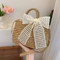 Lightweight Double Circular Handle Woven Straw Bag With Silk Scarf Decoration Womens Summer Crossbody Bag Casual Beach Handbag Ideal For Vacation Mini