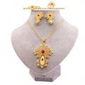 Dubai Gold Plated Bridal Accessories Jewelry Sets Ruby Cross Necklace Earrings Hairpin Rings Gifts Wedding Jewellery Set For Women