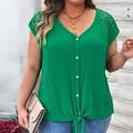 Plus Size Womens Blouse With Embroidery Lace Shell Button Tie Front Short Sleeves Top