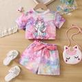 Young Girl Unicorn Print Tie Dye Tee Belted Shorts