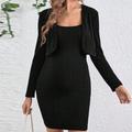 Maternity Solid Color RibKnit Spaghetti Strap Dress And Jacket Two Piece Set