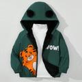 Young Boy Letter Tiger Print D Ear Design Hooded Thermal Lined Raglan Sleeve Zipper Thermal Lined Jacket Without Tee