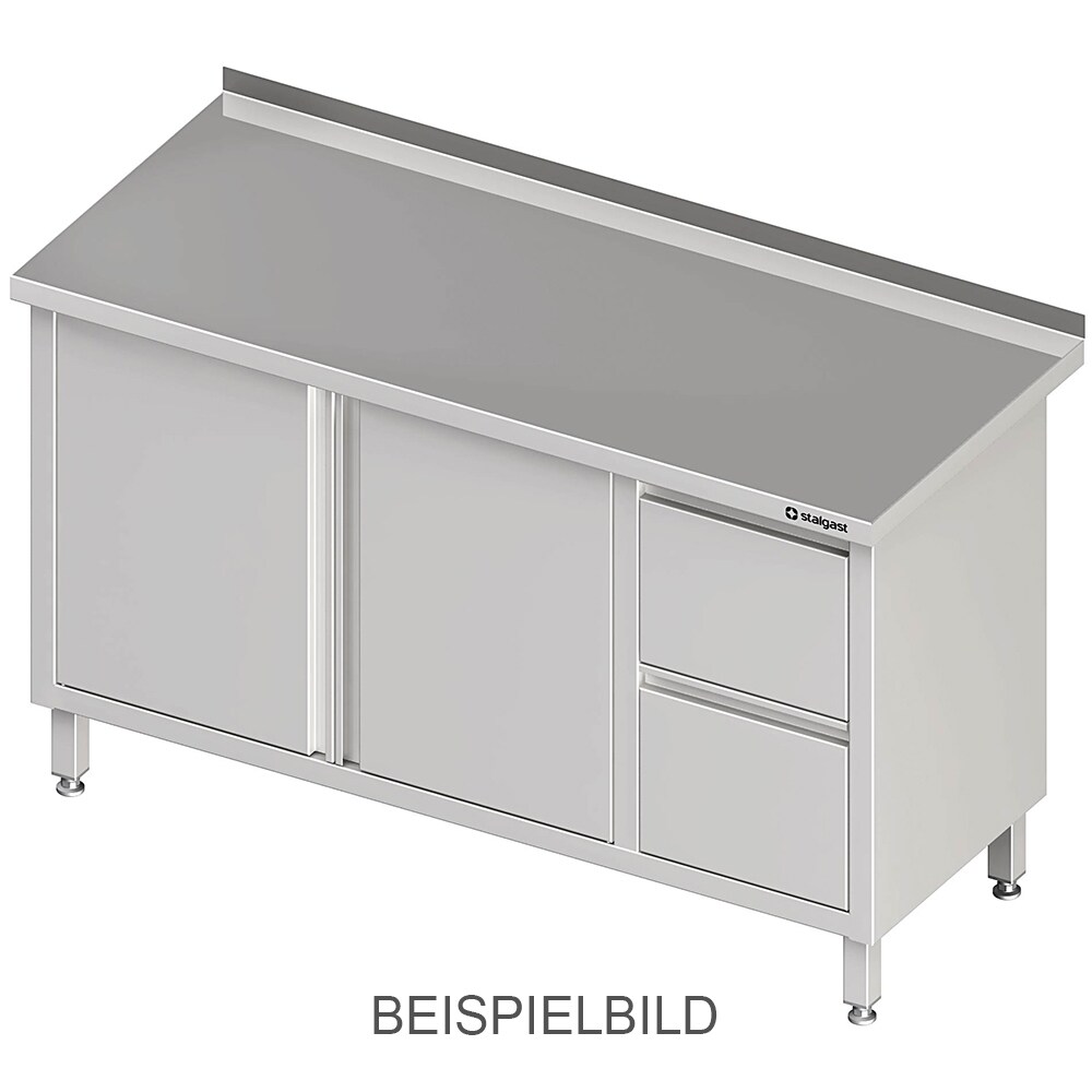 Stalgast Edelstahl Arbeitsschrank mit Flügeltüren, 1300x700x850 mm, mit 2er Schubladenblock links, mit Aufkantung, verschweißt Image