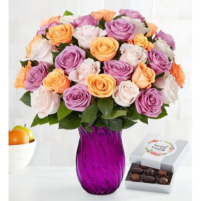 1-800-Flowers Flower Delivery Mother's Day Sorbet Roses 18-36 Stems 36 Stems W/ Purple Vase & Chocolate