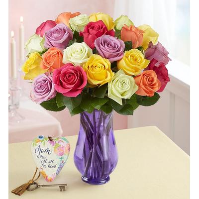 1-800-Flowers Flower Delivery Two Dozen Assorted Roses For Mother's Day W/ Purple Vase & Mom Heart