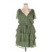 Trixxi Casual Dress - Mini V-Neck Short sleeves: Green Floral Dresses - Women's Size 2X