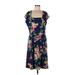 Lands' End Casual Dress - A-Line Square Short sleeves: Blue Floral Dresses - Women's Size Large