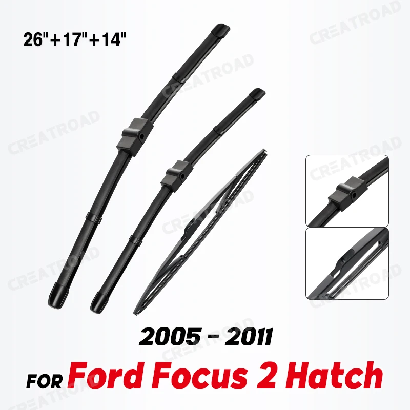 Scheibenwischer vorne und hinten, Set für Ford Focus 2 Hatch 2005–2011, Windschutzscheibe, Windschutzscheibe, Fensterbürsten, 26 Zoll + 17 Zoll + 14 Zoll Image