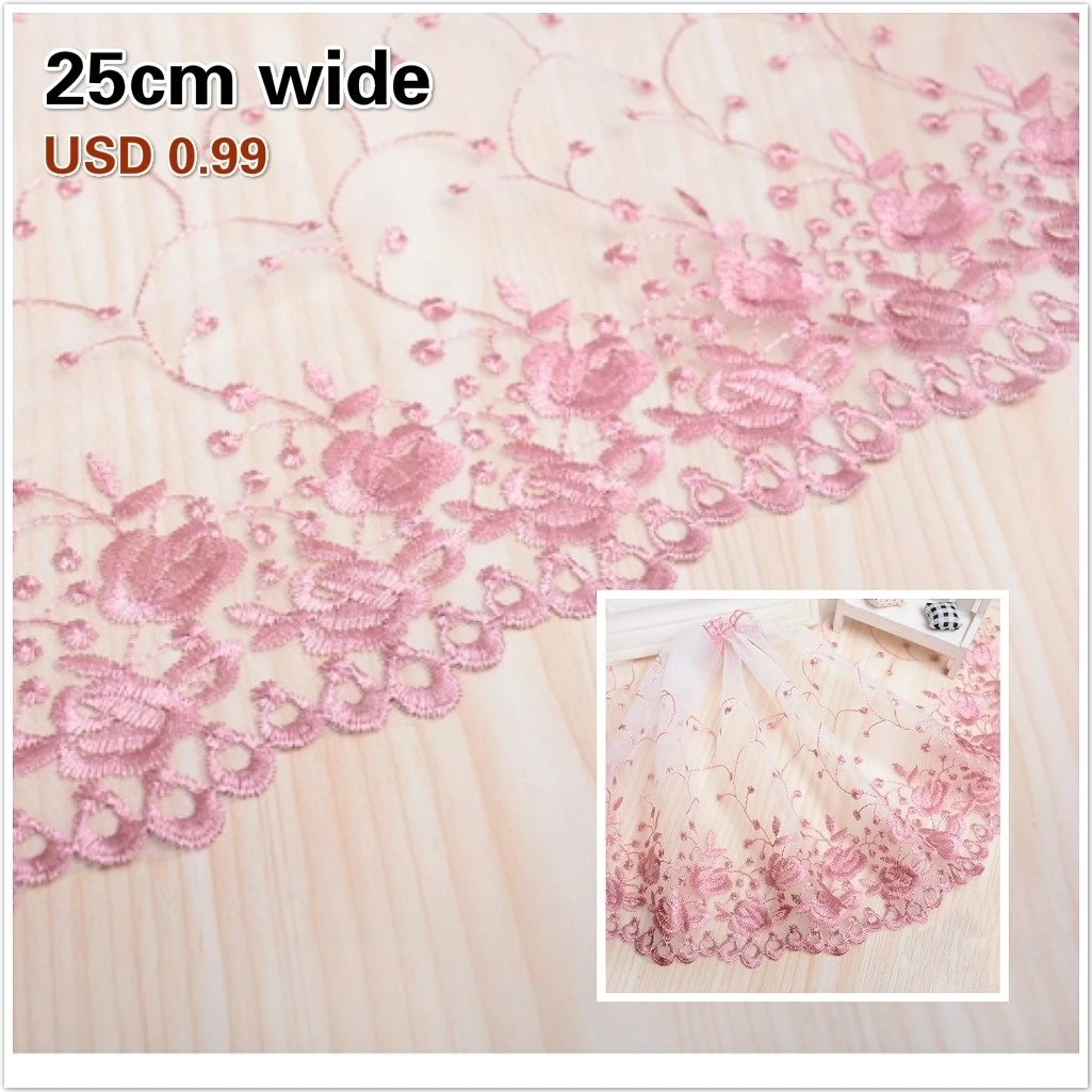Weiße Mesh Gaze Rosa Stickerei Exquisite Spitze DIY Damen Hochzeit Kinder Kleidung Stoff Wiege Heimtextilien Sofabezug Renda