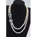 2rows freshwater pearl white near round 8-9mm +green leopard clasp 17-19inch necklace wholesale