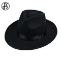 FS Unisex Black Gray Brown Wool Hats Fedora Men Trilby Wide Brim Felt Hat For Women Jazz Cap Panama