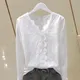 Lace Cotton Women Blouse 2024 Summer New V-Neck Long-Sleeved Slim Solid Lady Elegant Pulls Tops Top