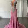 Pink African American Prom Dresses Mermaid Cap Sleeves Sequins Crystals Black Girls Nigeria Robe De