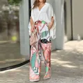 Women Loose White Batwing Sleeve Shirt Print Pant Set Spring Summer Causal V-Neck Half Sleeve Blouse