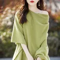 Women's Pure Wool Knitted Shawl Casual Wool Scarf White Cashmere Sweater Folded Wear Loose