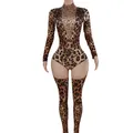 Streetwear Leopard Print Sexy Bodysuit Printed One Piece Outfit Woman Overall Long-sleeved Women's