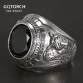 Genuine Pure 925 Sterling Silver Men's Dragon Tiger Ring with Black Zircon Stone Vintage Engraving