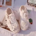 Baskets Rondes en Toile à Fleurs Blanches pour Femme Chaussures Confortables en Coton Couleurs de