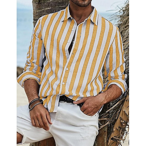 Per uomo Camicia Camicia di lino Camicia Estiva Camicia da Spiaggia Camicia in cotone e lino Camicie a righe A righe Vacanza Camicia hawaiana Giallo Rosso Blu Verde Manica Lunga Collo ripiegato