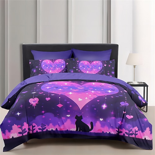 Designer-Bettbezug-Set mit Katzen-Herz-Haustier-Porträt-Muster, Bettdecken-Set, weiches 3-teiliges Luxus-Baumwoll-Bettwäsche-Set, Heimdekoration, Geschenk, King-Size-Bett, Queen-Size-Bettbezug Image