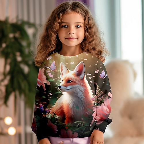 Mädchen-Sweatshirt mit 3D-Fuchs, rosa, langärmelig, 3D-Druck, Frühling, Herbst, aktiv, modisch, niedlich, Polyester, Kinder 3–12 Jahre, mit Kapuze, Outdoor, lässig, täglich, normale Passform Image
