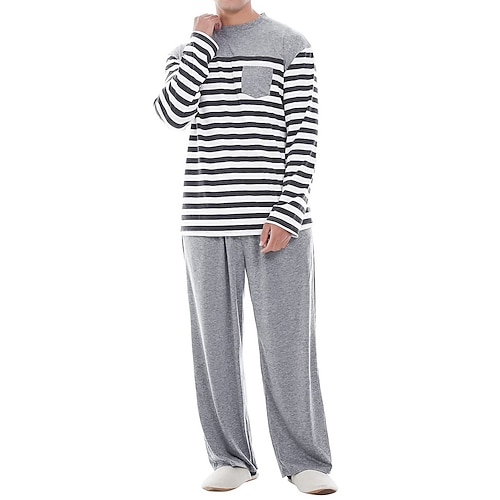 Herren Hausanzug Schlafanzüge Schlafanzug Set Pyjama-Oberteil und Hose 2 Stück Streifen Stilvoll Brautkleider schlicht Komfort Heim Täglich Baumwollmischung Komfort Rundhalsausschnitt Langarm T Shirt Image