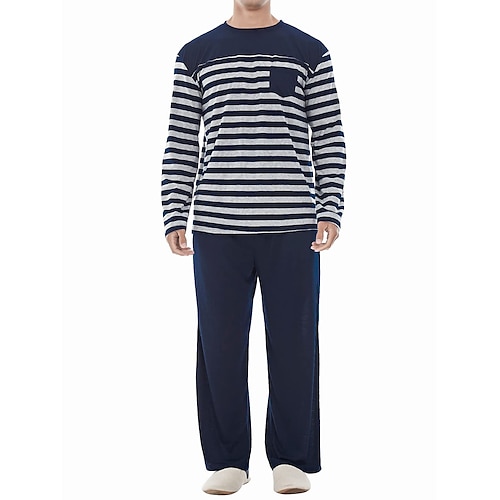 Herren Hausanzug Schlafanzüge Schlafanzug Set Pyjama-Oberteil und Hose 2 Stück Streifen Stilvoll Brautkleider schlicht Komfort Heim Täglich Baumwollmischung Komfort Rundhalsausschnitt Langarm T Shirt Image