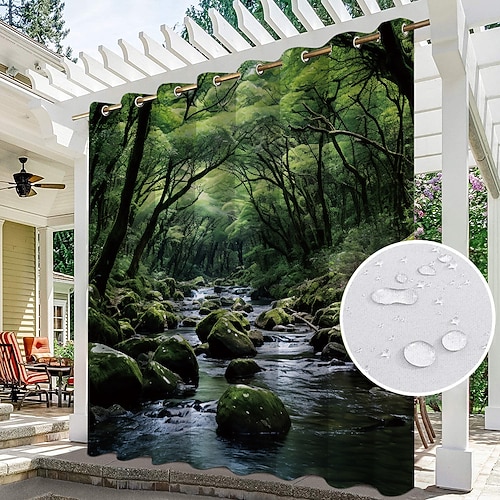 Wasserdichter Outdoor Vorhang Außenvorhang für Privatsphäre, Außenjalousien, verschiebbare Terrassenvorhangvorhänge, Pergola-Vorhänge mit Ösen, Forest Creek für Pavillon, Balkon, Veranda, Party Image