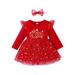 Baby Girls Christmas Flutter Lace Dress Newborn Baby Girl Long Sleeve Top Skirt Bodysuit Xmas Dress with Headband 9M-4Y